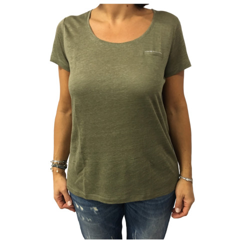 LA FEE MARABOUTEE t-shirt donna kaki con applicazioni strass 100%lino mod FA3122