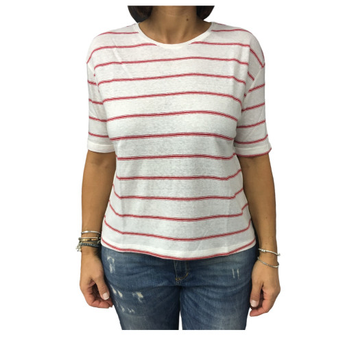 LA FEE MARABOUTEE t-shirt donna righe bianco/rosso 75% lino 25% cotone FA7324