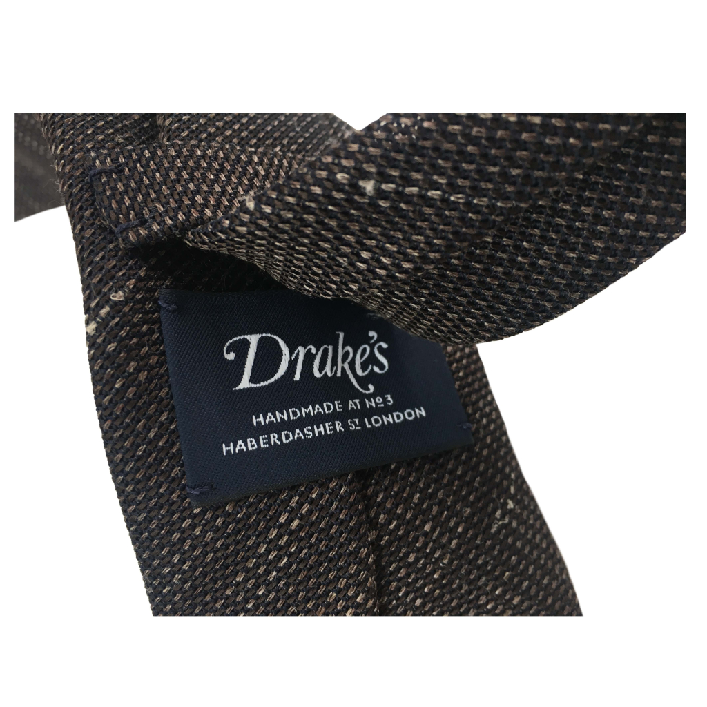 DRAKE'S man's tie unlined 7 cm brown/beige 70% silk 30% linen MADE IN ENGLAND