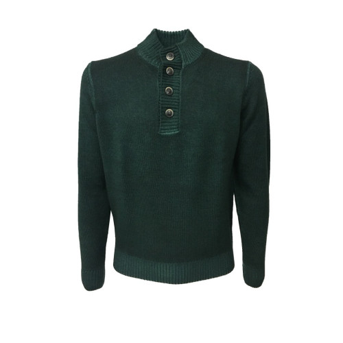 FERRANTE maglia uomo collo con bottoni verde TINTO FREDDO 100% lana MADE IN ITALY