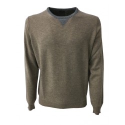 FERRANTE maglia uomo beige dettagli e toppe grigio 100% lana MADE IN ITALY