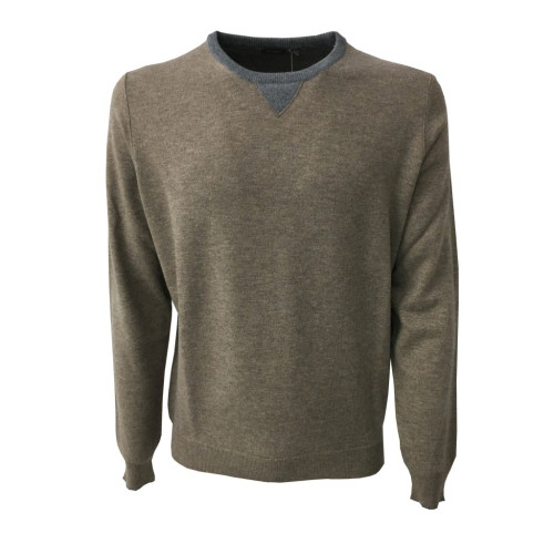 FERRANTE man beige sweater with gray details 100% wool MADE IN ITALY