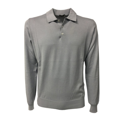 FERRANTE Pearl Grey long sleeve polo shirt with border 