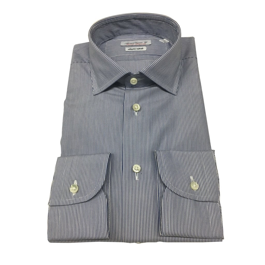 BRANCACCIO camicia uomo righe blu/bianco 100% cotone DOPPIO RITORTO Vestibilità slim