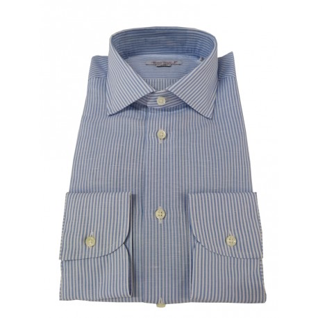 BRANCACCIO camicia uomo manica lunga vestibilità slim righe bianco/celeste 50% lino 50% cotone