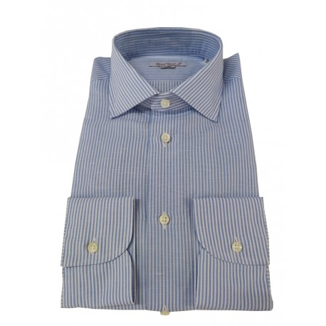 BRANCACCIO man long sleeve shirt slim fit white / light blue 50% linen 50% cotton