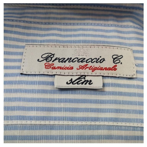 BRANCACCIO camicia uomo manica lunga vestibilità slim righe bianco/celeste 50% lino 50% cotone