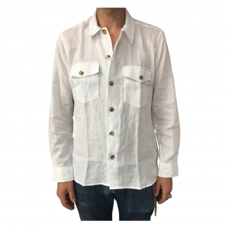 DRAKE’S camicia uomo lino doppio taschino bianco mod SHI-SE0HSH MADE IN ENGLAND