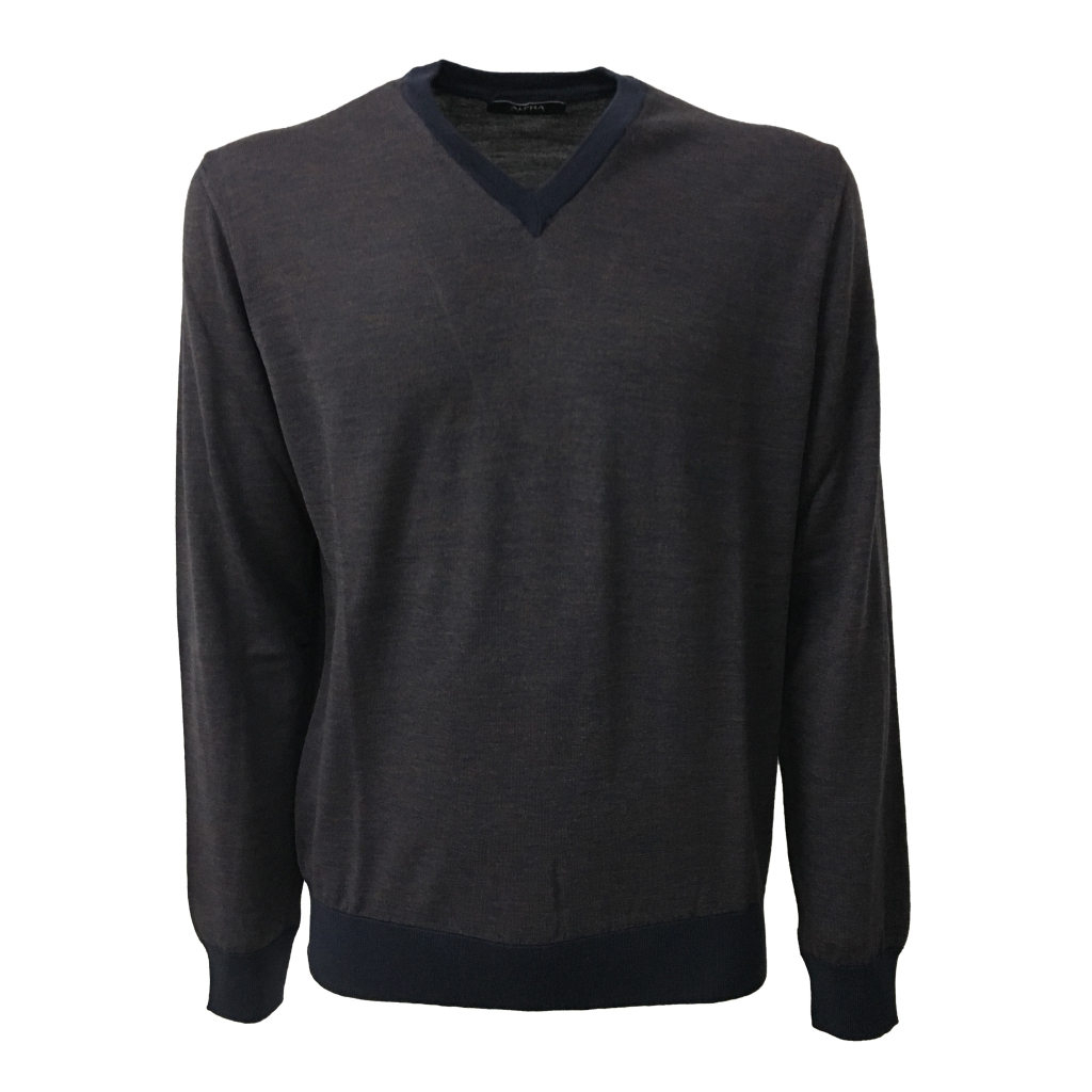 ALPHA STUDIO knit man, v-neck, blue / purple / rust melange 100% Wool