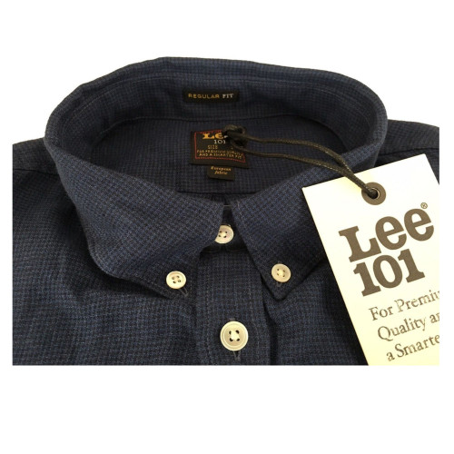 LEE 101  man's  shirt piede de poule denim/blu mod 101 BUTTON DOWN 100% linen regular fit