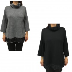 ELENA MIRÒ women's high neck sweater with 3/4 sleeve black lace insert  75 cm long