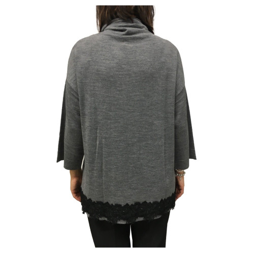 ELENA MIRÒ women's high neck sweater with 3/4 sleeve black lace insert  75 cm long