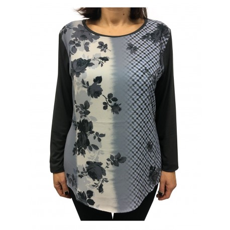 ELENA MIRÒ t-shirt woman long sleeve fancy fabric + gray jersey  length 68 cm