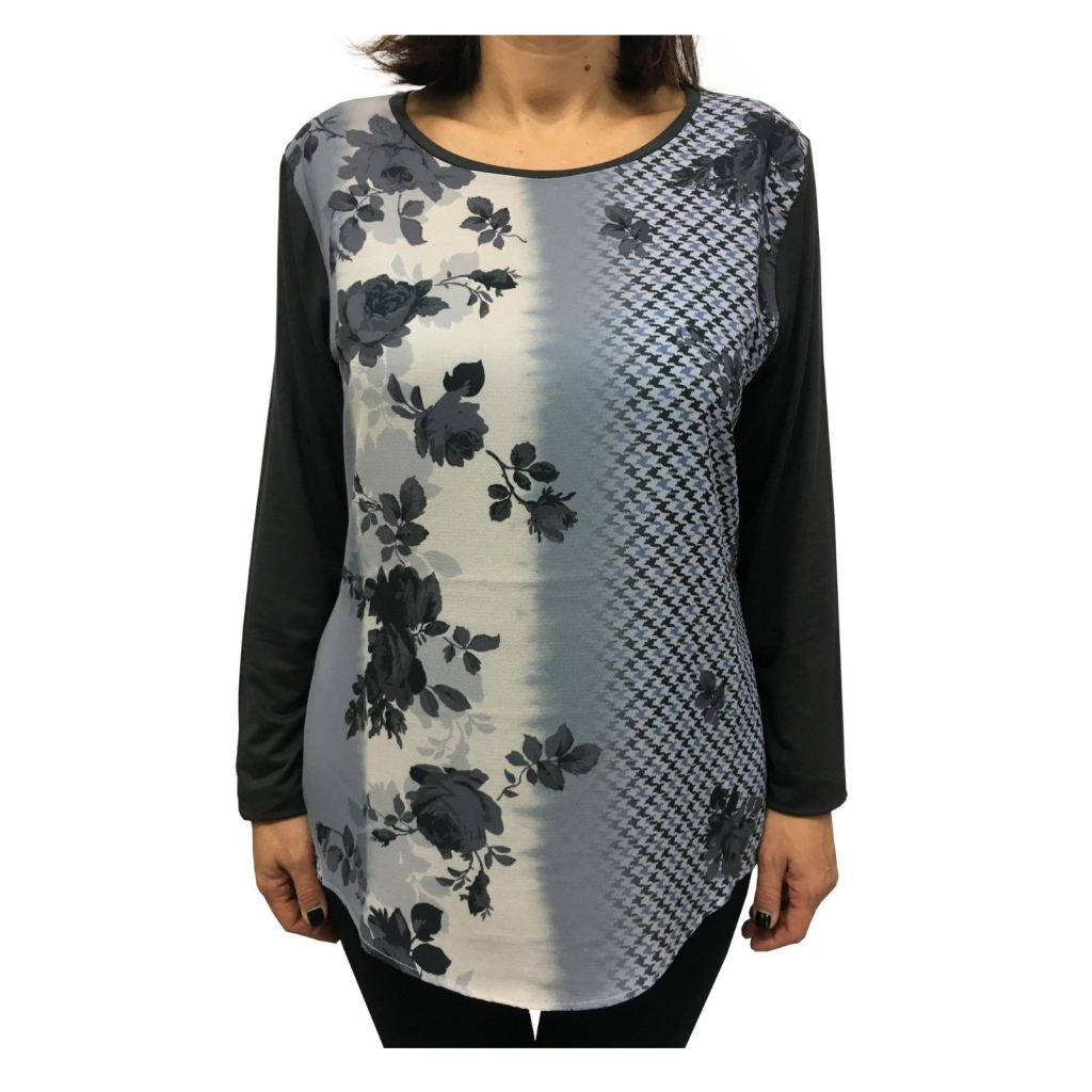 ELENA MIRÒ t-shirt donna manica lunga tessuto fantasia+jersey grigio lunghezza cm 68