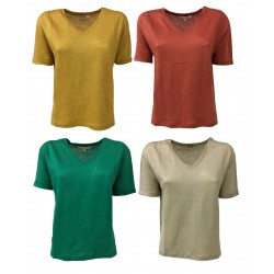 LA FEE MARABOUTEE t-shirt donna mezza manica scollo a v mod FB7276 100% lino