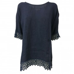 LA FEE MARABOUTEE blusa donna blu con pizzo art FB7545 100% lino MADE IN ITALY