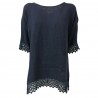 LA FEE MARABOUTEE woman blouse blue with lace art FB7545 100% linen MADE IN ITALY