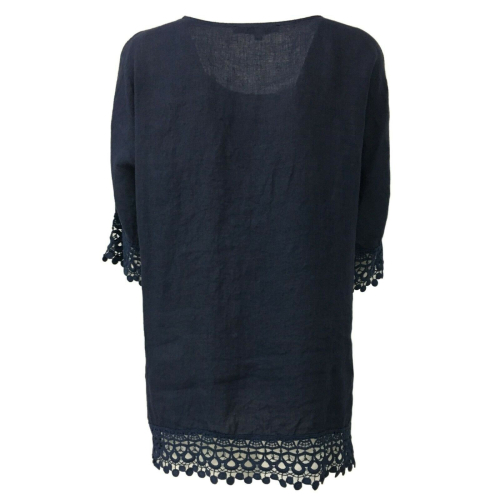 LA FEE MARABOUTEE blusa donna blu con pizzo art FB7545 100% lino MADE IN ITALY