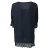 LA FEE MARABOUTEE blusa donna blu con pizzo art FB7545 100% lino MADE IN ITALY
