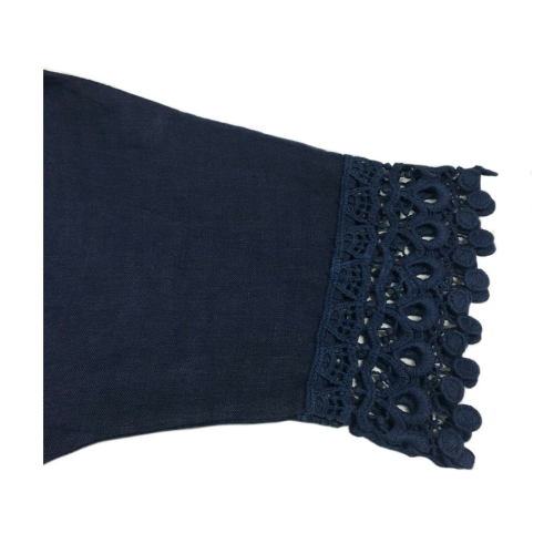 LA FEE MARABOUTEE blusa donna blu con pizzo art FB7545 100% lino MADE IN ITALY