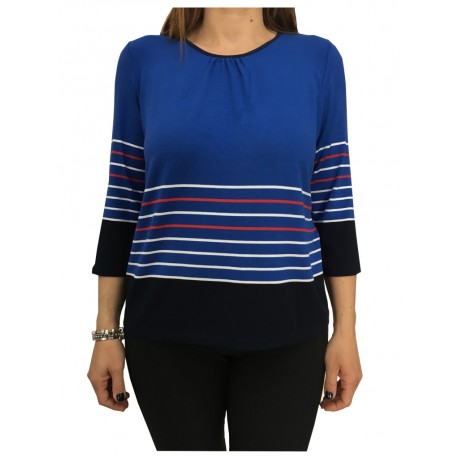 ELENA MIRÒ blue round-neck woman t-shirt with blue / white / red stripes 3/4 sleeve