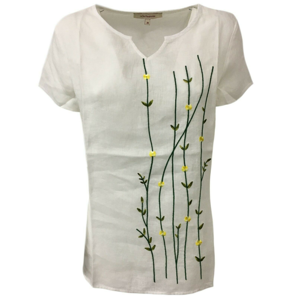 LA FEE MARABOUTEE blusa donna bianco con ricami art FB7129 100% lino LA FEE MARABOUTEE blusa donna bianco con ricami art FB7129 100% lino