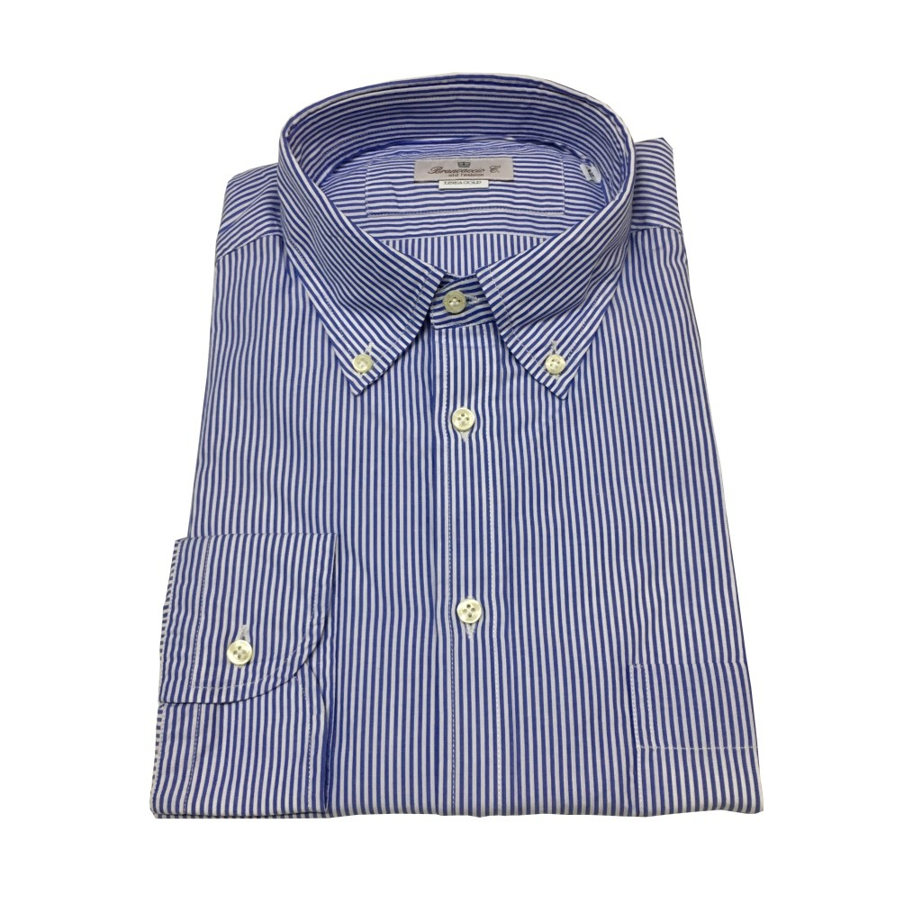 BRANCACCIO blue / white button-down man shirt NICOLA GOLD with pocket