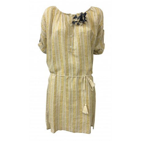 HUMILITY 1949 woman dress ecru/yellow 100% linen MADE IN ITALY
