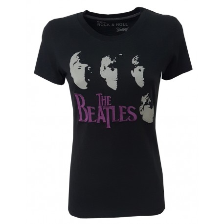 VINTAGE 55 T-shirt donna mezza manica "ROCK&ROLL" nera, The Beatles