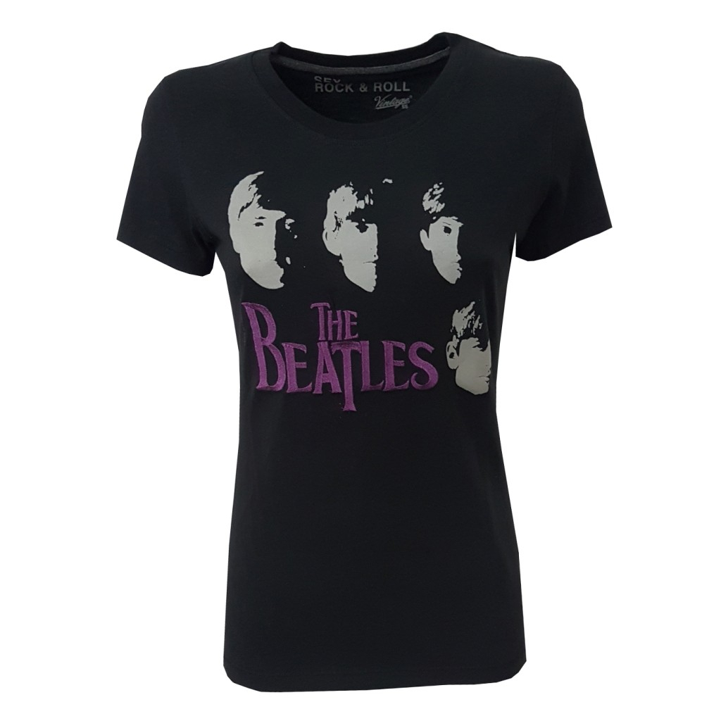 VINTAGE 55 T-shirt donna mezza manica "ROCK&ROLL" nera, The Beatles
