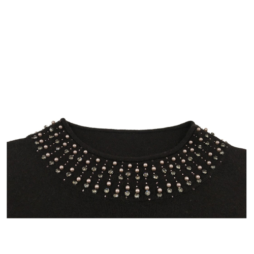 ELENA MIRÒ women's black sweater with pearl / rhinestone inserts on the turtleneck collar