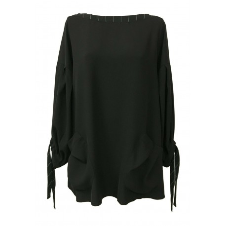 TADASHI blusa donna scollo barca  tessuto fluido nero con inserti gessato nero/bianco TPE192169  MADE IN ITALY