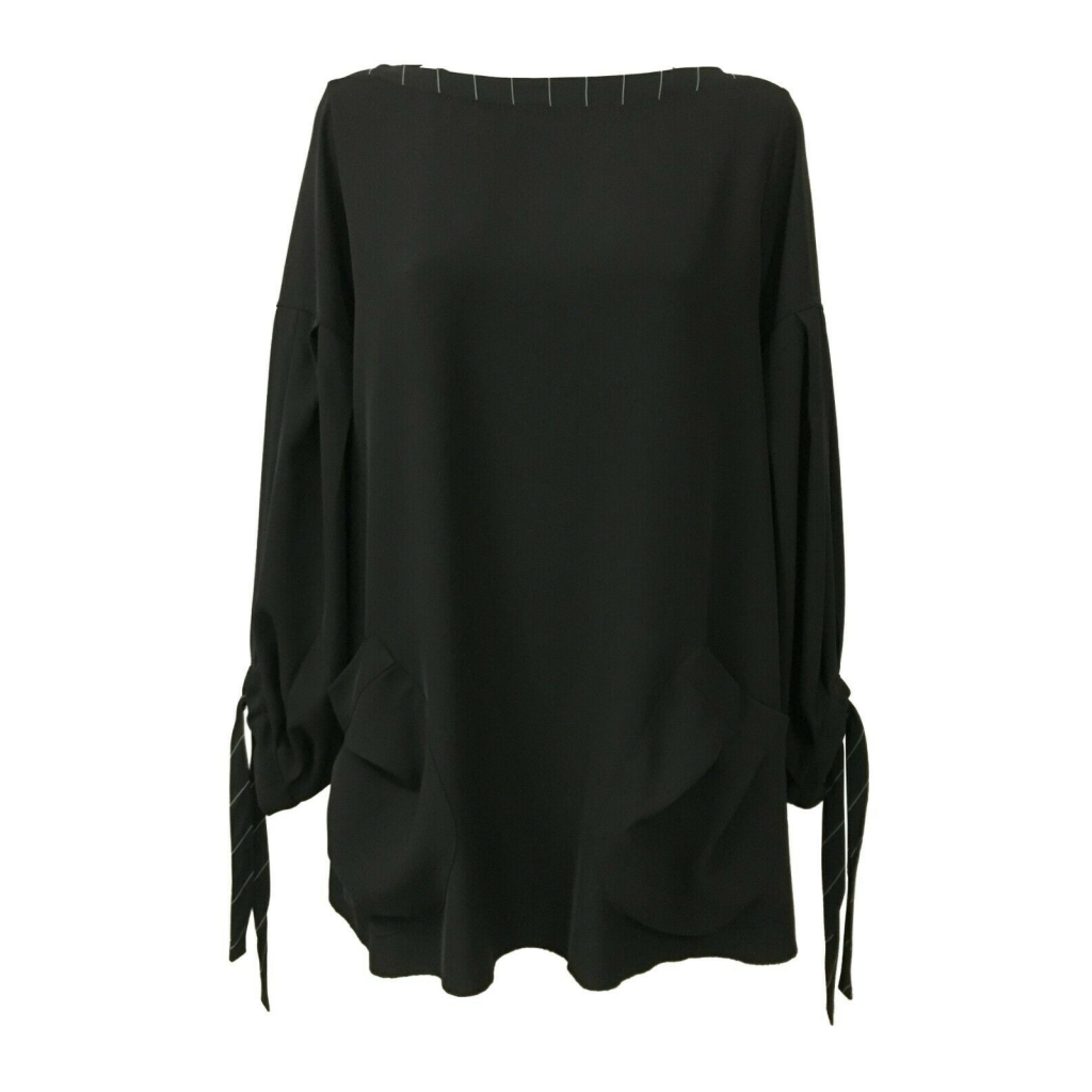 TADASHI women's blouse boat neckline fluid fabric black with pinstripe inserts black / white TPE192169 MADE IN ITALY TADASHI women's blouse boat neckline fluid fabric black with pinstripe inserts black / white TPE192169 MADE IN ITALY