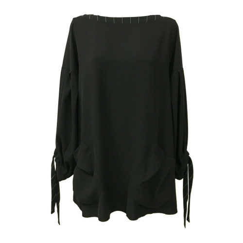 TADASHI blusa donna scollo barca  tessuto fluido nero con inserti gessato nero/bianco TPE192169  MADE IN ITALY