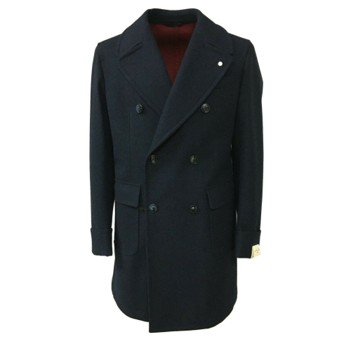 LUIGI BIANCHI MANTOVA man double-breasted coat with martingale behind, color blue mélange