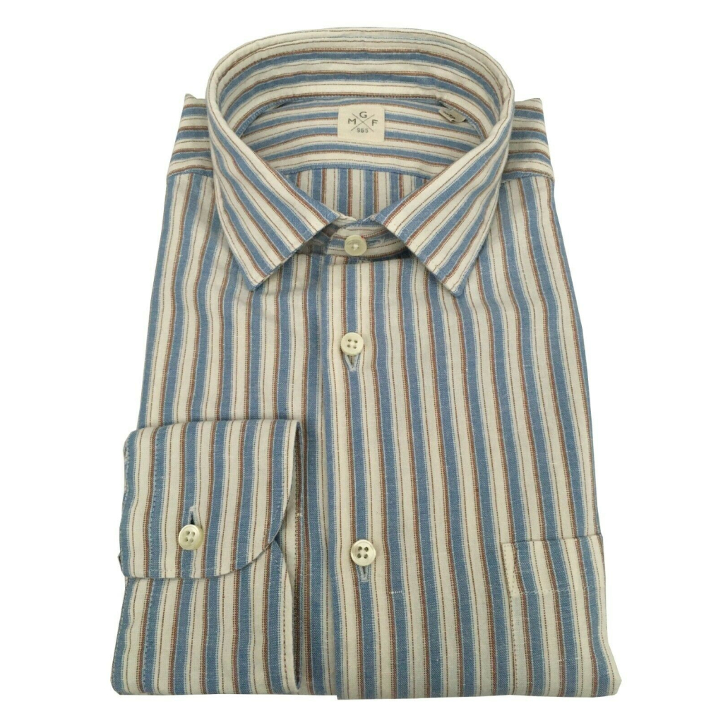 MGF 965 camicia uomo manica lunga con taschino righe ecru/celeste/cuoio 10.TG.L 901321