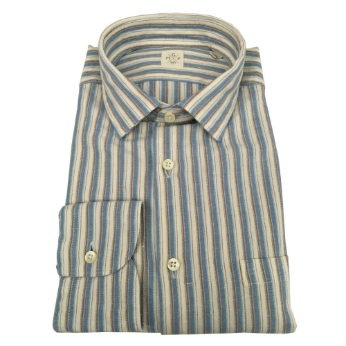 MGF 965 man shirt long sleeve with pocket ecru / light blue / leather stripes 10.TG.L 901321