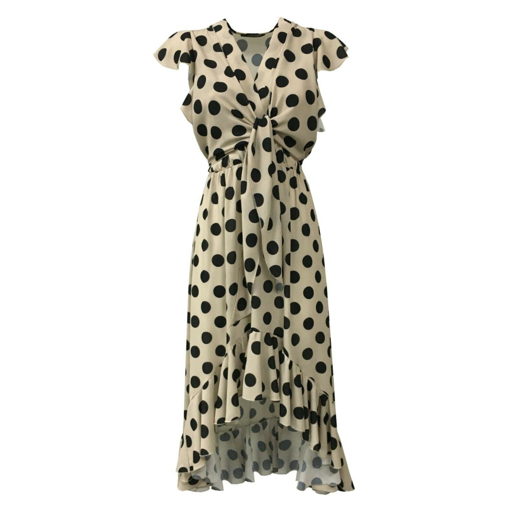 TRY ME FIRENZE woman dress, dropped sleeve, beige black polka dot mod 6000 / 35ST 100% polyester MADE IN ITALY TRY ME FIRENZE woman dress, dropped sleeve, beige black polka dot mod 6000 / 35ST 100% polyester MADE IN ITALY