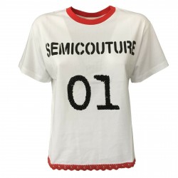 SEMICOUTURE woman half sleeve white t-shirt red profiles mod SO/S/SOSJ15