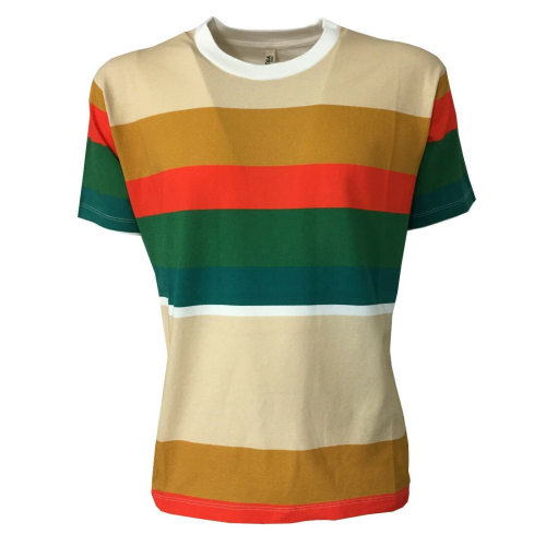 BottegaChilometriZero  man t-shirt half sleeve crew-neck striped beige / green / orange mod DU20051 MADE IN ITALY