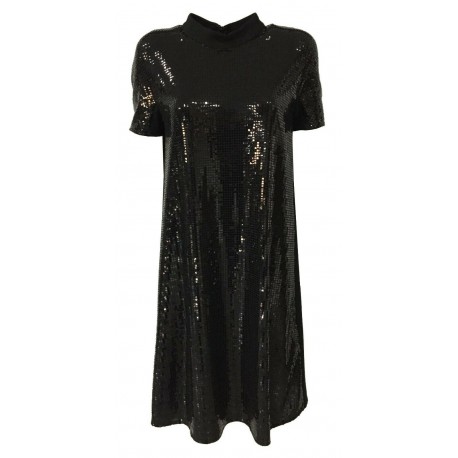 RUE BISQUIT black flared half sleeve woman dress with mirror fabric art RW0000 DRESS POLA MADE IN ITALY