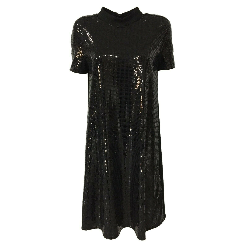 RUE BISQUIT black flared half sleeve woman dress with mirror fabric art RW0000 DRESS POLA MADE IN ITALY
