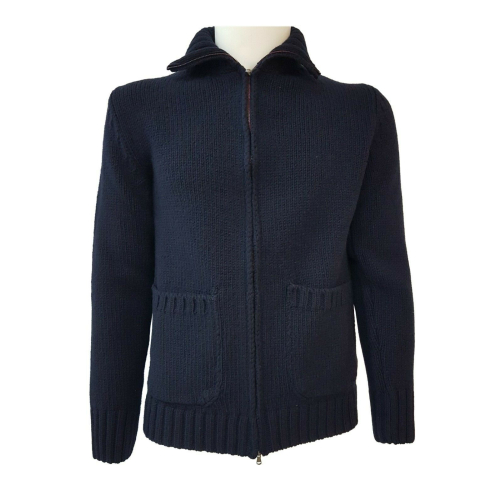 H953 Midnight blue open zip sweater with pockets mod. TOKIO HS3054 MADE IN ITALY