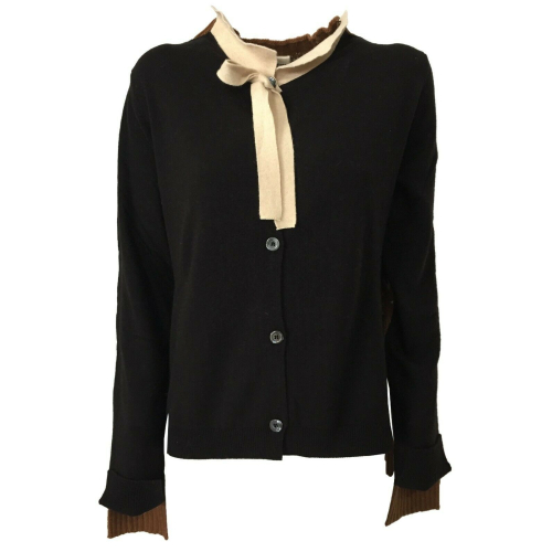 SEMICOUTURE cardigan donna lana nero/fantasia cuoio SOW402 MOLLY MADE IN ITALY