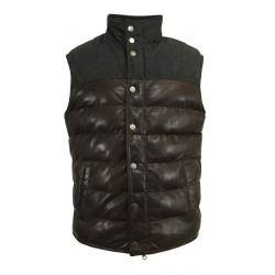 D’AMICO men's gilet in dark brown leather / anthracite wool with zip and buttons mod DGU0370 EVAN