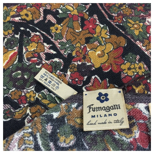 FUMAGALLI black foulard floral pattern / cashmere dark border HISTORICAL COLLECTION PLAN WO G-10 100% wool MADE IN ITALY