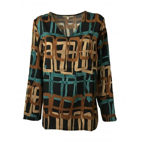 LA FEE MARABOUTEE blusa donna fantasia nero/cuoio/pavone art FC5158 MADE IN ITALY