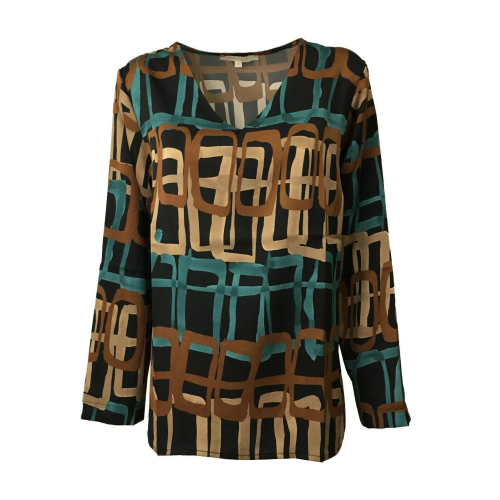 LA FEE MARABOUTEE blusa donna fantasia nero/cuoio/pavone art FC5158 MADE IN ITALY