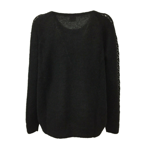 DES PETITS HAUTS woman black crewneck long sleeve shirt with inlay on the sleeve