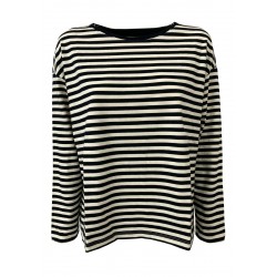 DES PETITS HAUTS women's t-shirt long sleeve heavy cotton ecru / blue stripes art KAINI